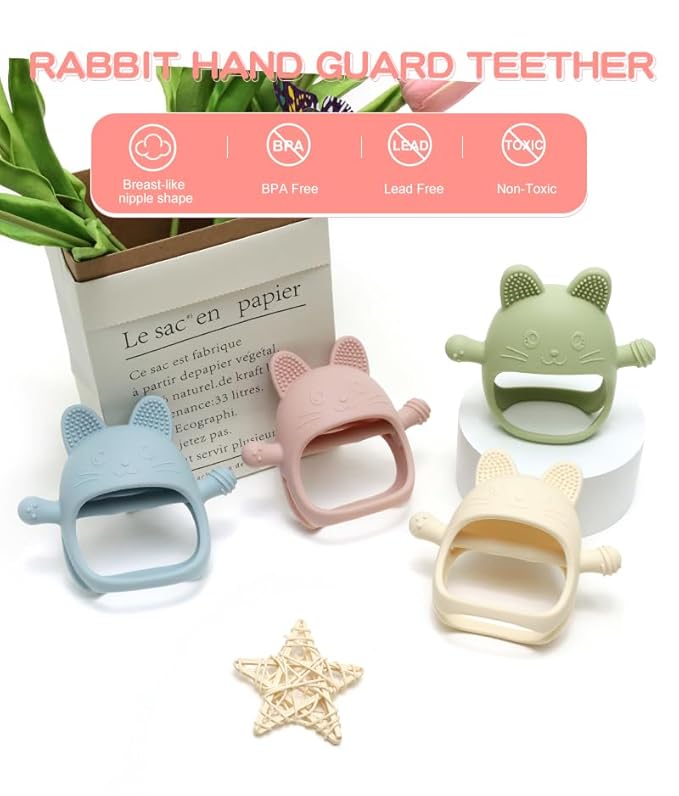 Rabbit Hand Guard Teether 2-Pack – Silicone Baby Teething Toys for Infants, Toddlers & Newborns – 100% Food Grade, BPA-Free¸Flexible Gum Soother (Rabbit Hand Guard - Blue/Green)