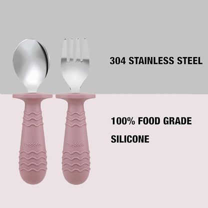 PandaEar 2 Pack Stainless Steel Baby Suction Plates & 2 Pack Spoons and Forks Set, Toddler Utensils Baby Feeding Set, Divided Plates for Baby Led Weaning Supplies, BPA-Free (Pink)
