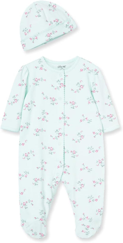 Little Me Clothes for Baby Girls 100% Cotton Scratch-Free Tag Footed One-Piece Romper and Hat Sleeper Set Preemie to 9 Months