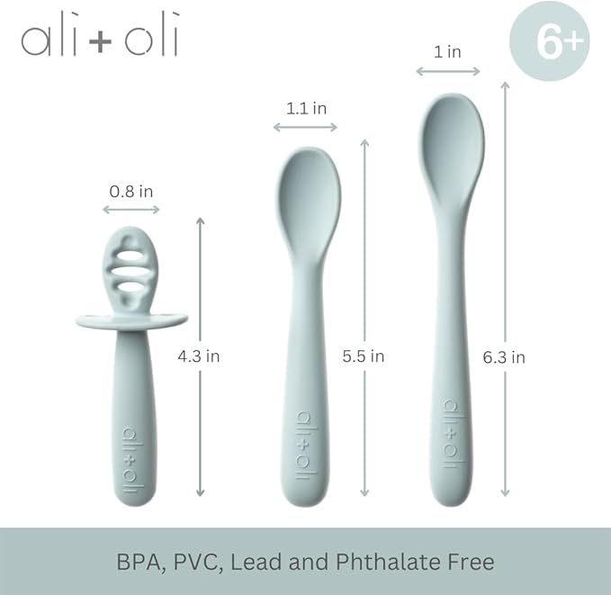 Ali+Oli (3pc) Silicone Spoon Set for Baby (Blue) Unbreakable Baby Spoons, Self Feeding Utensils, Multi-stage Design, Ergonomic Handle