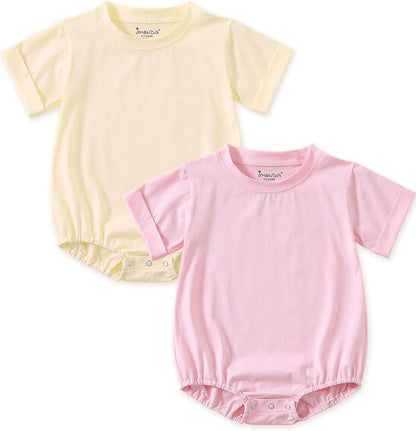 Jimonda Baby Bubble Romper Boy Girl Solid Color T-Shirt Outfits Short Sleeve Bodysuit Organic Cotton 2Pcs