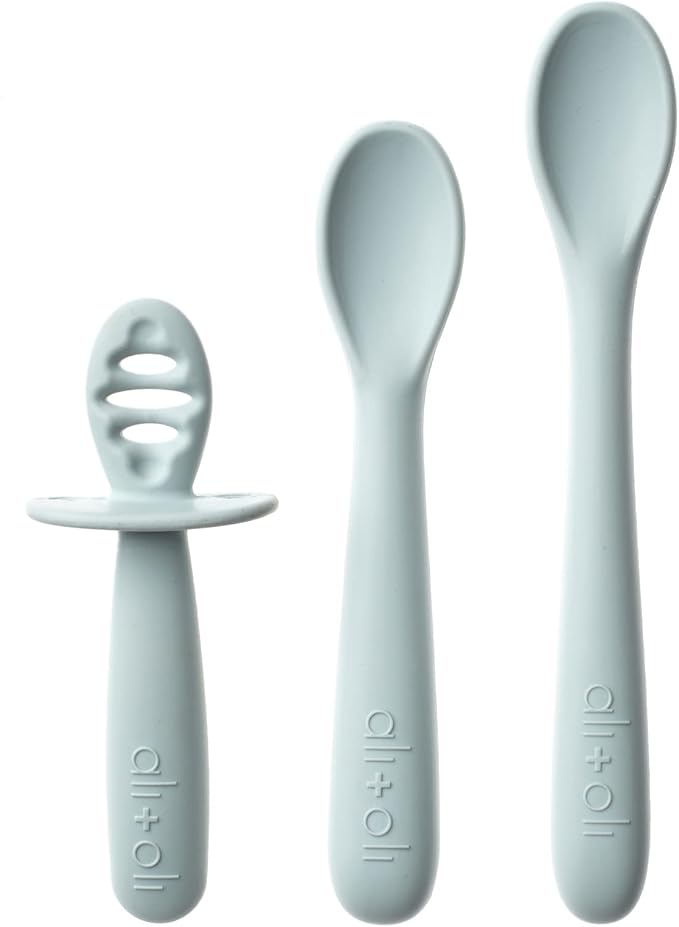 Ali+Oli (3pc) Silicone Spoon Set for Baby (Blue) Unbreakable Baby Spoons, Self Feeding Utensils, Multi-stage Design, Ergonomic Handle