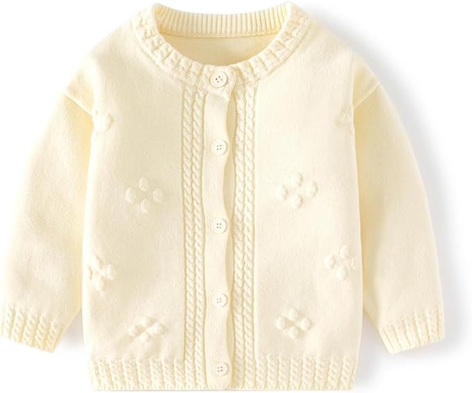 Toddler Baby Girls Cotton Knit Jacquard Sweater Cardigan, Crew Neck Spring Coat Sweater Long Sleeve Clothes Warm Tops