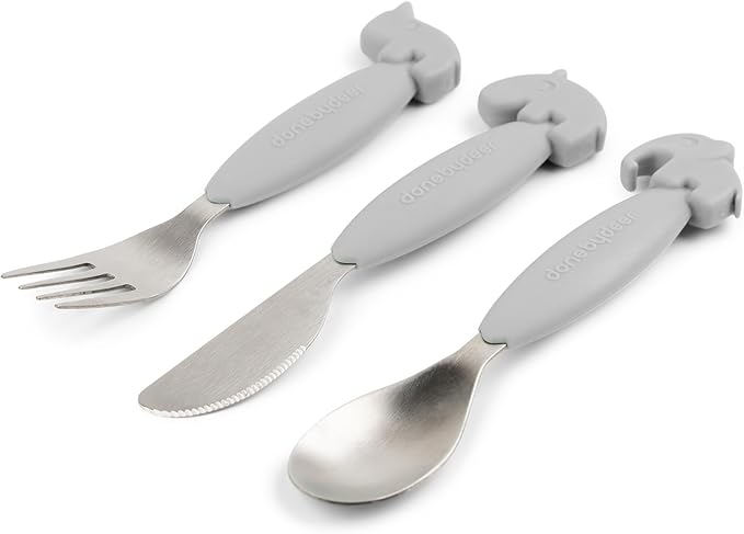 Done by Deer Easy-grip Cutlery Set Deer Friends Grey - Toddler Spoon, Fork and Knife with Soft Silicone Anti-Slip Handles - Sturdy Design for Rough Handling - Comes in Beautiful Gift Box