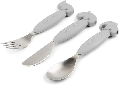 Done by Deer Easy-grip Cutlery Set Deer Friends Grey - Toddler Spoon, Fork and Knife with Soft Silicone Anti-Slip Handles - Sturdy Design for Rough Handling - Comes in Beautiful Gift Box