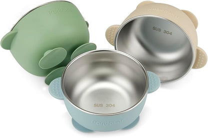 PandaEar 3 Pack Stainless Steel Baby Suction Bowls, Non-Slip Child Food Bowl with Silicone Sleeve for Kids Toddlers Infants, Unbreakable & Mess Free (Blue Green Brown)