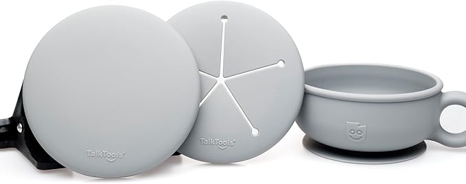 TalkTools Itsy Bowl with Locking Lid - Platinum grade silicone with Volume Lines, Curved Walls for Easy Scooping - for Babies, Toddlers, Children, and Elderly - Snack Cup Lid Accessory (Cloud)