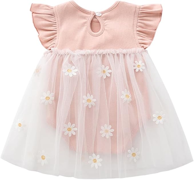 Vivobiniya Toddler Girl Ruffle Daisy Tulle Bodysuit Dress Baby Girl Romper Long Short Sleeve Clothes