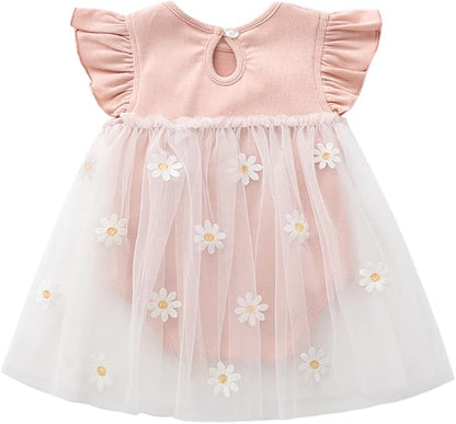 Vivobiniya Toddler Girl Ruffle Daisy Tulle Bodysuit Dress Baby Girl Romper Long Short Sleeve Clothes