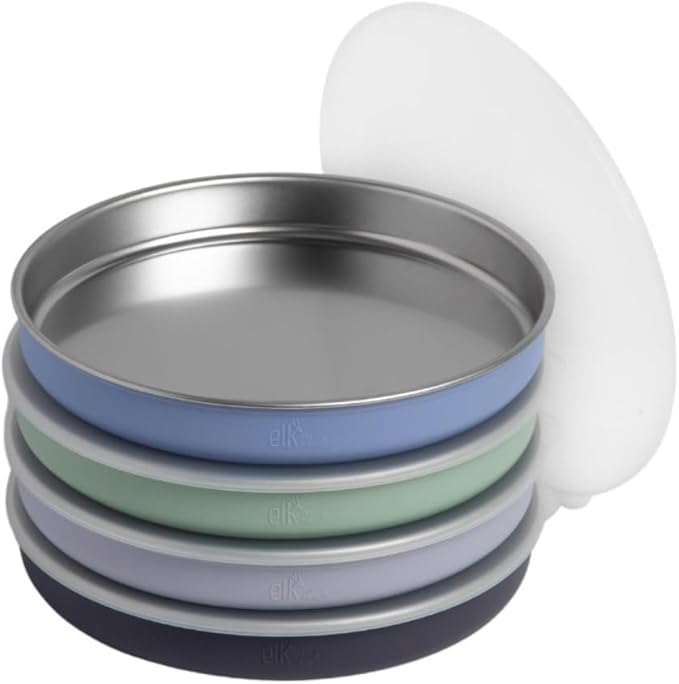 Elk and Friends 7.8” Stainless Steel Non Divided Plates with Silicone Sleeve + Storage Lid | Baby, Toddler, Kids | Dishwasher Safe | Dinner & Snack Plates | 4 Pack