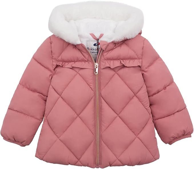 Rokka&Rolla Baby Girls' Water-Resistant Puffer Jacket Hooded Winter Coat with Soft Mini Fur Lining for Newborn Infant Toddler