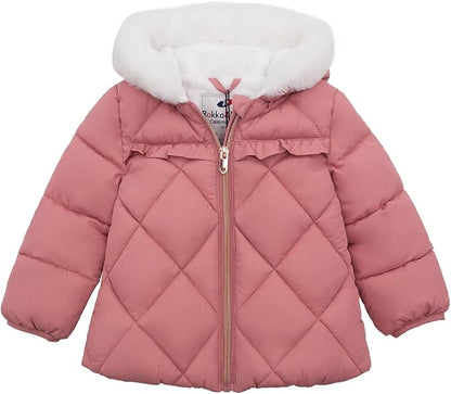 Rokka&Rolla Baby Girls' Water-Resistant Puffer Jacket Hooded Winter Coat with Soft Mini Fur Lining for Newborn Infant Toddler