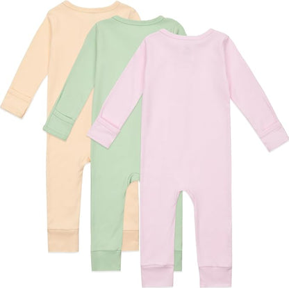 Aablexema Baby Cotton Fooltess Pajamas with Mitten, 3-pack Infant Romper Zip Up One Piece Jumpsuits Outfit