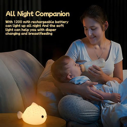 White Pufferfish Night Light - Silicone Touch Sensor Lamp for Nursery, 3 Adjustable Brightness, USB-C Rechargeable Baby-Safe Bedside Light, Modern Kids Room Decor & Toddler Sleep Aid