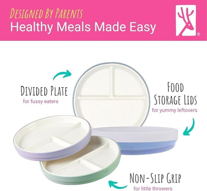 Elk and Friends Kids 7.8” Porcelain White Plates with Silicone Sleeves + Lids | Divided Plates | Suitable for Kids/Toddlers | Microwave & Dishwasher Safe | Non Slip | Snack Dishes…