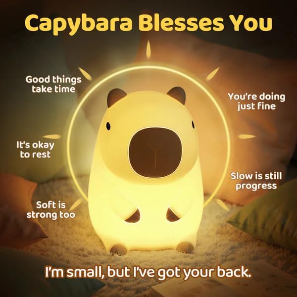 Huggwaii Squishy Capybara Night Light for Kids - Soft Silicone Tap-Control Kids Night Light with 2 Brightness Levels & 20-Min Timer, Cute Lamp for Nursery Bedroom Decor, Baby Gift (1200mAh Battery)