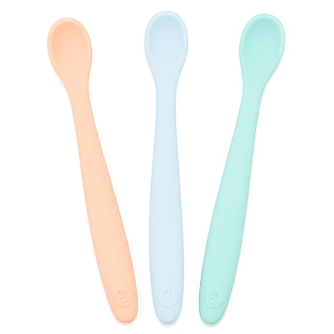 WeeSprout Silicone Baby Spoons - First Stage Infant Feeding Utensils With Soft-Tip, Bendable Kitchenware for Parent & Self-Feeding, Ultra-Durable, Dishwasher Safe, Travel Case, Set of 3