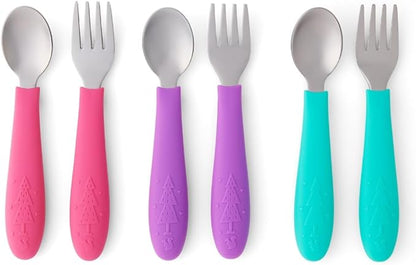 Elk and Friends Kids Silverware with Silicone Handle | Childrens Safe Flatware | Toddler Utensils | Baby Spoons + Forks | Stainless Steel Cutlery | Dishwasher Safe | 6 Pieces