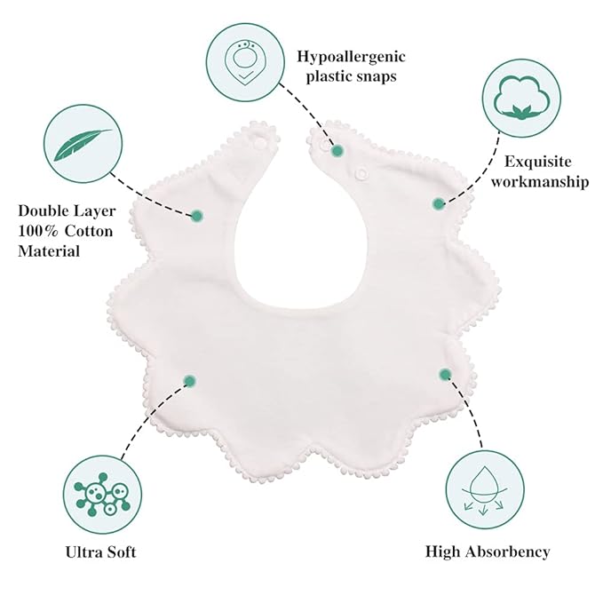 JANGANNSA 3 PCS White Flower Baby Bibs Infant Burp Clothes for Baby Girls Saliva Towel Cotton Infant Toddler Girls Bibs (3PCS-White)