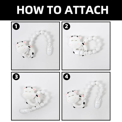 Baby Food Grade Silicone Teether Toy with Pacifier Clip Holder,Teething Toys Gift Set for 3 Months+ Boys and Girls,Freezer Safe,BPA Free. (Cow)