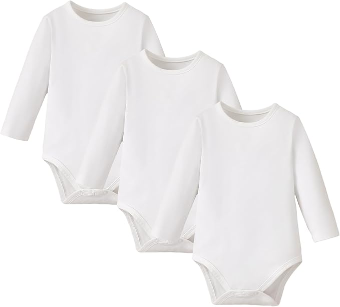 ROMPERINBOX Long Sleeve Onsies Girl 3 Pack Knitted Solid Baby Crew Neck Bodysuit Multicolors 0-24 Months