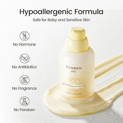 RUNBEN Baby Face Cream with Egg Yolk Oil, 48H Deep Moisturizing, Gentle & Non-Greasy Kids Face Lotion, Dry & Sensitive Skin Care for Baby, Fragrance-Free, 1.76 oz