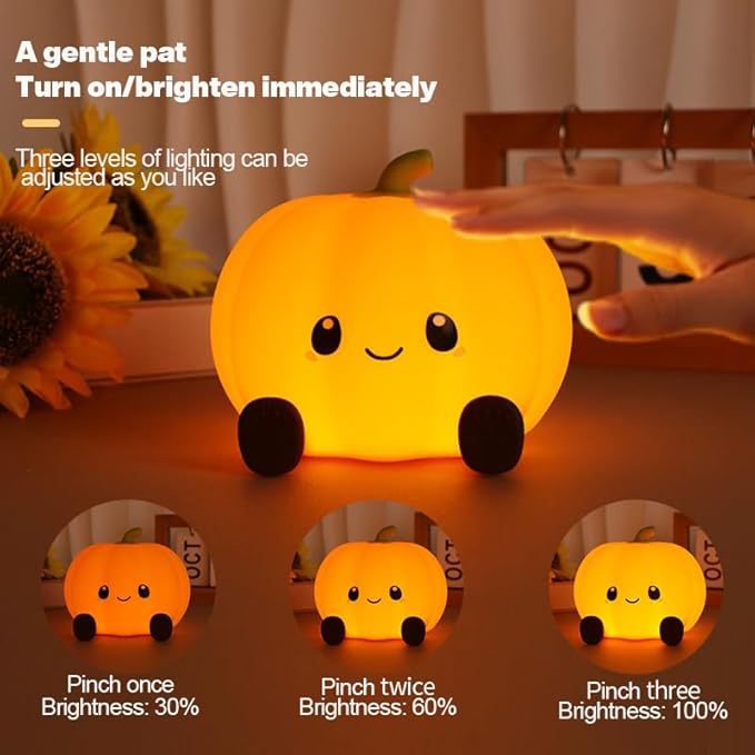 Pumpkin Night Light for Kids Adult, 3 Adjustable Brightness, USB-C Rechargeable, Baby-Safe Bedside Light, Toddler Sleep Training & Kids Room Decor