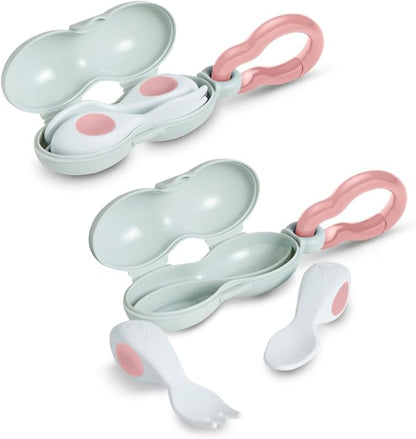 doddl Baby Cutlery Set (6–12 Months) – Spoon & Fork for Weaning, BLW Self-Feeding – Easy-Grip Handles & Safe Short Design Dusky Rose (Twin Pack)