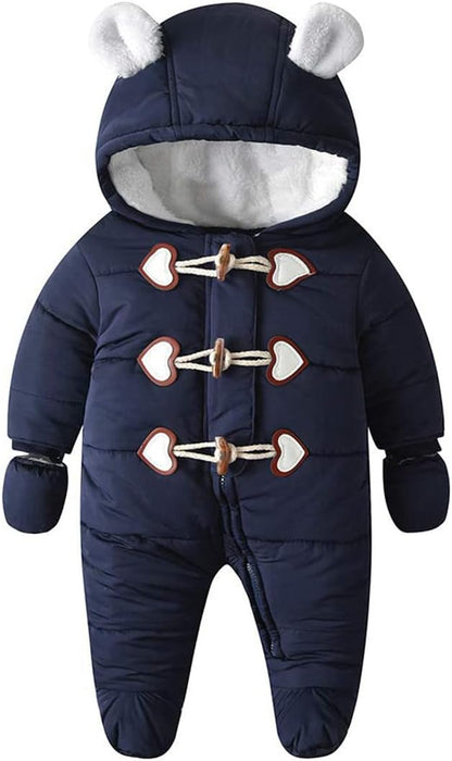 Baby Winter Snowsuit Warm Hooded Coat Onesie Romper Jumpsuit with Footed Gloves for Boys Girls 3-24 Months