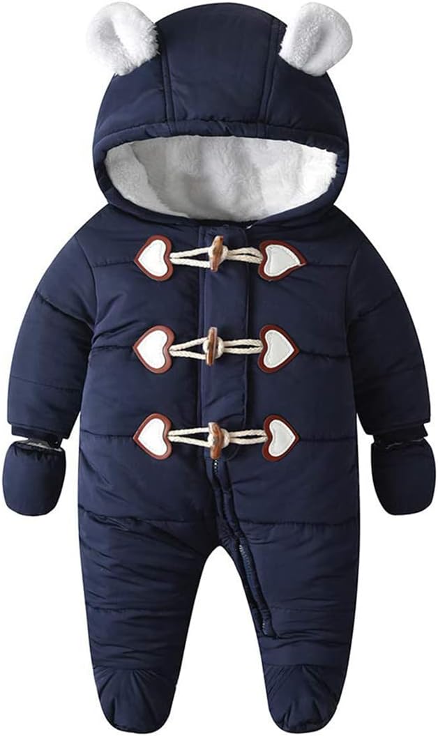 Baby Winter Snowsuit Warm Hooded Coat Onesie Romper Jumpsuit with Footed Gloves for Boys Girls 3-24 Months