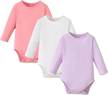 ROMPERINBOX Long Sleeve Onsies Girl 3 Pack Knitted Solid Baby Crew Neck Bodysuit Multicolors 0-24 Months