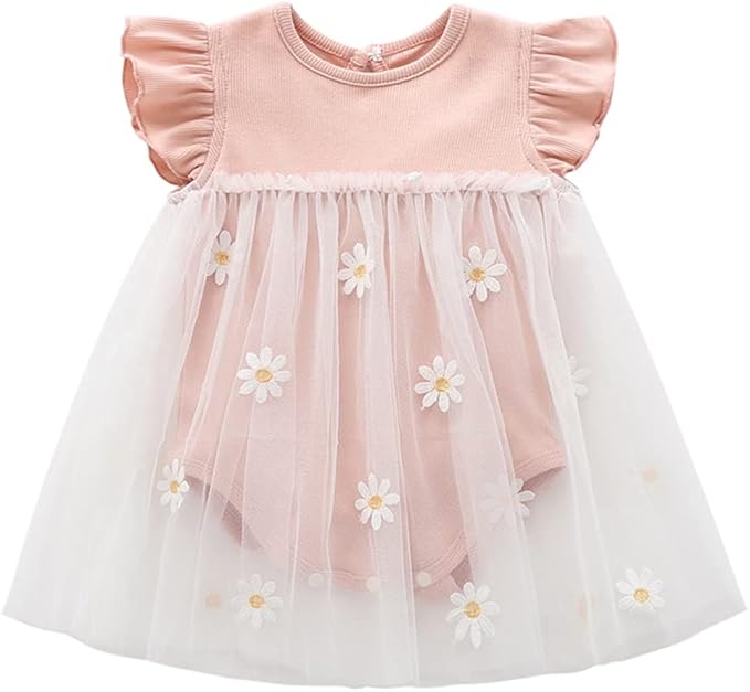 Vivobiniya Toddler Girl Ruffle Daisy Tulle Bodysuit Dress Baby Girl Romper Long Short Sleeve Clothes