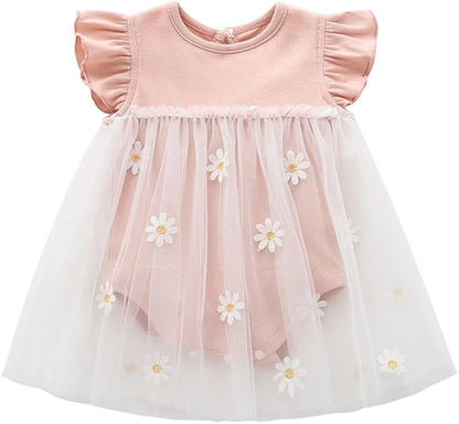 Vivobiniya Toddler Girl Ruffle Daisy Tulle Bodysuit Dress Baby Girl Romper Long Short Sleeve Clothes