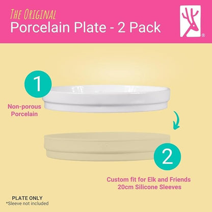 Elk and Friends Kids 7.8” Porcelain White Plates | Divided Plates | Suitable for Kids/Toddlers | Microwave & Dishwasher Safe | Non Slip | Snack Dishes | 2 Pack