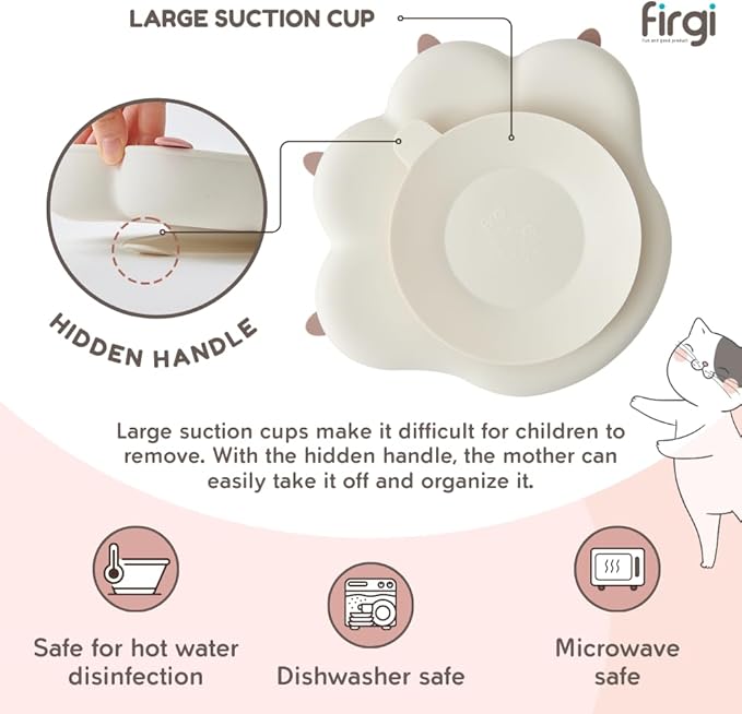 MEOW Taupe Brown Divided Silicone Baby Toddler Suction Plates Non-Slip Silicon Plates Led Weaning Supplies BPA Free Toddler Travel Non-Toxic Kids with Suction