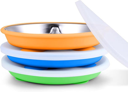 Stainless Steel Toddler Suction Plate with Lid, Deepened 9" Divided Plates with Removable Silicone Sleeves for Kids, Non Toxic Unbreakable Snack Dishes Set of 3, Bright Orange/Blue/Green
