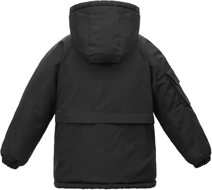 Winter Kids Boys Snow Coats Black Puffer Jacket Hooded Clothes Fleece-Lined Wear
