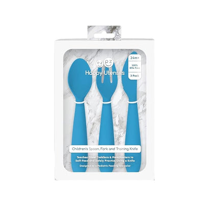 ezpz Happy Utensils (Blue) - 24 Months+ - BPA Free Toddler - Fork, Spoon and Knife for Toddlers and Preschoolers - Kids Utensils for Self-Feeding Development