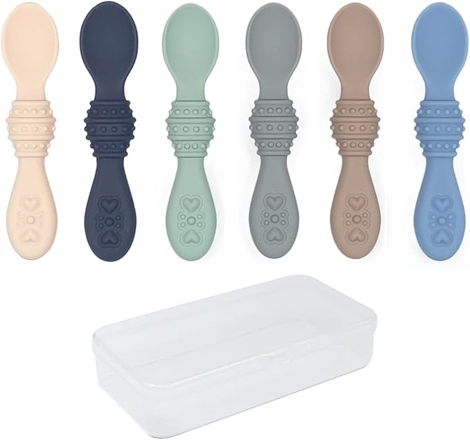 Elk and Friends Silicone Baby Spoons | Travel Case Included | First Stage Infant Toddler Spoon | Baby Led Weaning Stage | Dishwasher Safe