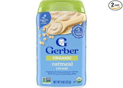 Gerber Stage 1 Baby Food, Organic Baby Oatmeal Cereal, 14g Whole Grains, Iron, Zinc & Vitamin B12, Infant Cereal, 6-Pack
