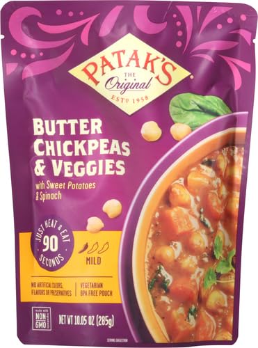 Patak's Butter Chickpeas & Veggies, 10.05 Oz (Pack of 4) Mild Curry with Chickpeas, Spinach, Carrots, Ready to Heat Vegetarian Meals