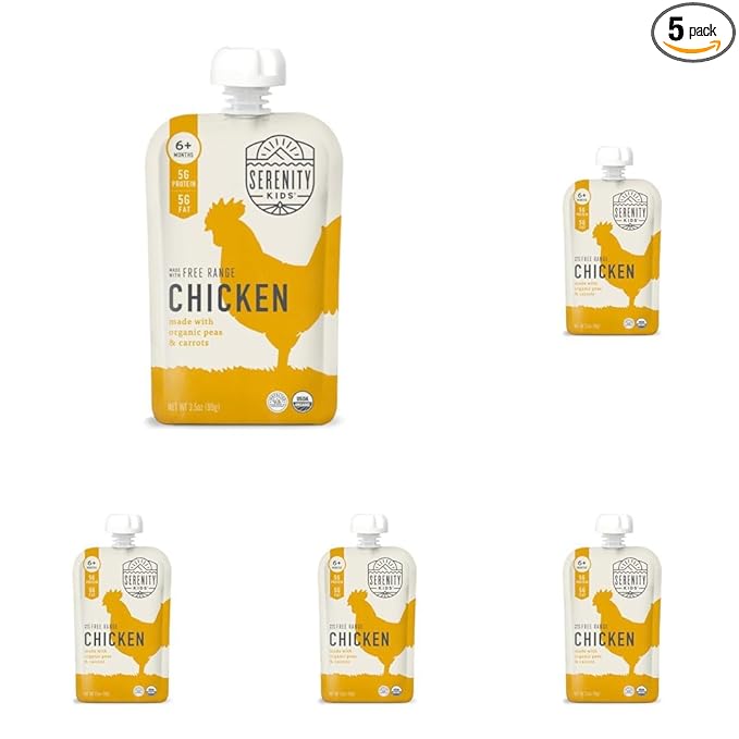 Serenity Kids 6+ Months Baby Food Pouches Puree Made With Ethically Sourced Meats & Organic Veggies | 3.5 Ounce BPA-Free Pouch | Free Range Chicken, Pea, Carrot | 1 Count (Pack of 5)