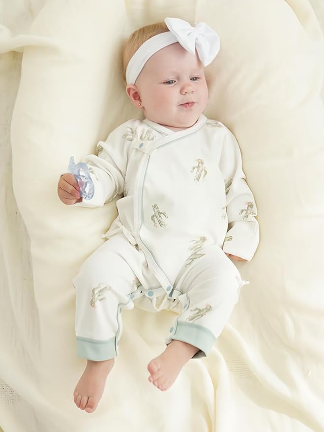 BINIDUCKLING Newborn Kimono Side Snap & Tie Wrap Over Long Sleeve Romper with Mitten Cuffs
