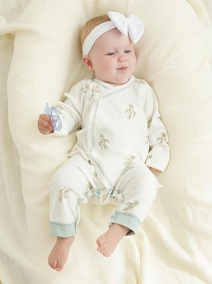BINIDUCKLING Newborn Kimono Side Snap & Tie Wrap Over Long Sleeve Romper with Mitten Cuffs