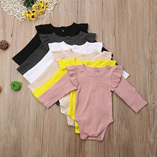 Mubineo Infant Baby Girl Basic Plain Rib Knit Ruffle Long Sleeve Romper Bodysuit Tops