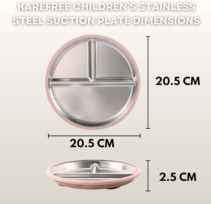 Karefree Children’s Minimalist Stainless Steel Suction Plate with Lid – 3-Section, BPA-Free, Food Grade Silicone, Easy Clean, Perfect for Toddlers & Baby Led Weaning (2, Blush Pink and Beige)