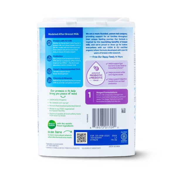 Happy Baby Organics Stage 1 A2 Infant Formula, 0 12 Months, Milk Based Organic Baby Formula Powder with A2 Milk, Probiotics & Prebiotics for Immune & Digestive Support, 22.9 Ounce (Pack of 1)