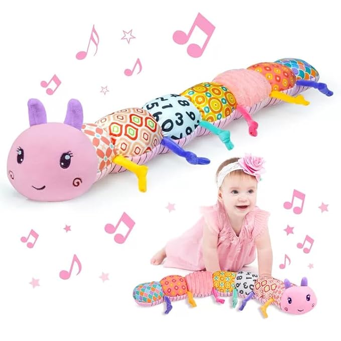 Baby Infant Musical Toy Soft Stuffed Animal Toy with Multi Textures,Rattle,Crinkle,Newborn Baby Toy for 0 3 6 9 12 Months Girls Boy Gift,Caterpillar，Pink