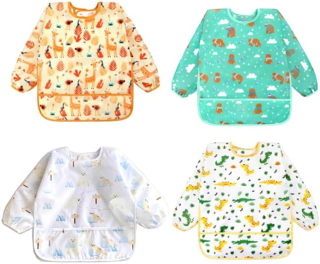 Accmor 4 Pack Long Sleeve Bibs, Baby Smock Waterproof Sleeved Bib Smock for Baby Toddler 6-36 Months