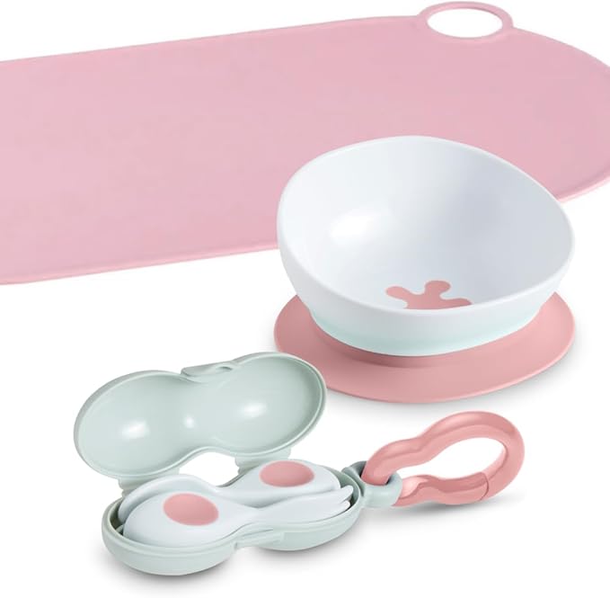 doddl Baby First Utensil Feeding Set (6–12 Months) – Baby Cutlery + 2-in-1 Suction/Non-Slip Bowl + Easy-Clean Placemat – BLW Weaning Kit Dusky Rose